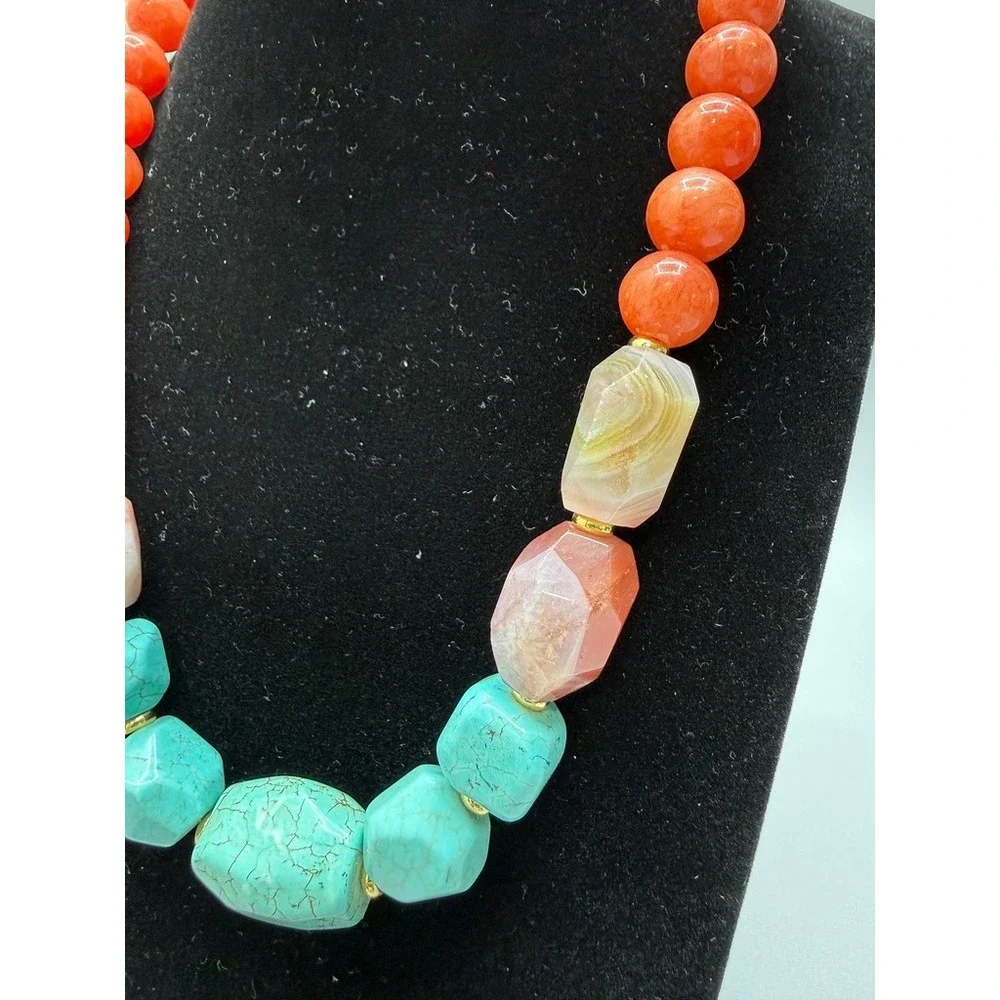 Beaded Necklace 18" Apricot Agate Turquoise Dyed Howlite Colorful Stones Heavy - Picture 2 of 12